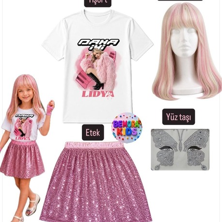 manifest lidya tişört + peruk + yüz taşı + pembe pullu etek 4 lü set