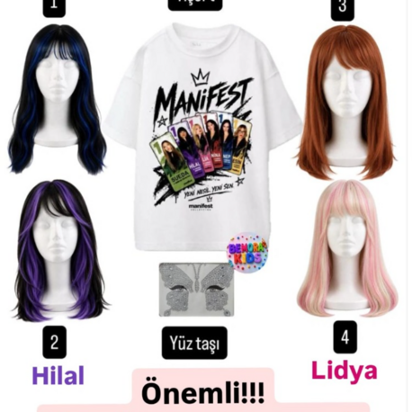 manifest baskılı tişört + manifest peruk saç + yüz taşı 3 lü set 