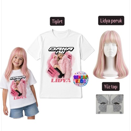 manifest lidya tişört + peruk + yüz taşı 3 lü set