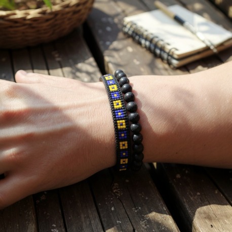 Sarı Lacivert Taraftar Bileklik Seti – Miyuki Boncuk ve Doğal Lav Taşıyla