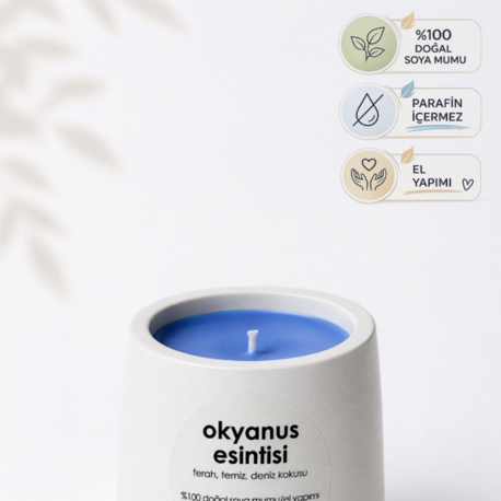 Okyanus Kokulu Mum, Modern Beton Mumluk, El Yapımı, Dogal Soya Mumu, 110gr