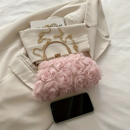 Roselle Pink 3 Boyutlu Gül Detaylı Pembe Çiçekli Tasarım Çanta