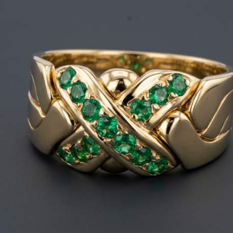 14K yellow gold 4 band EMERALD puzzle ring