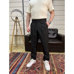 Siyah, Pileli, Düğme Detaylı, Duble Paça, Kumaş Pantolon
