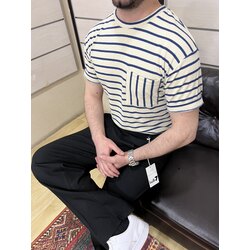 Beyaz Mavi Çizgi ve Cep Detaylı Tshirt 
