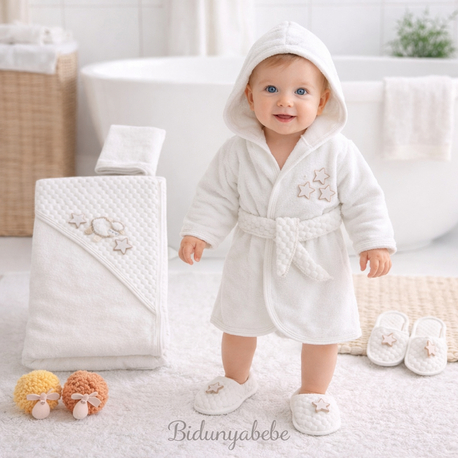 Kuzucuk desenli bebek bornoz set-0-1 yaş -%100 pamuklu