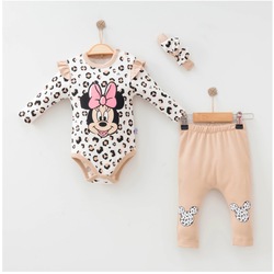 Mickey mouse baskılı leopar kız bebek takımı 