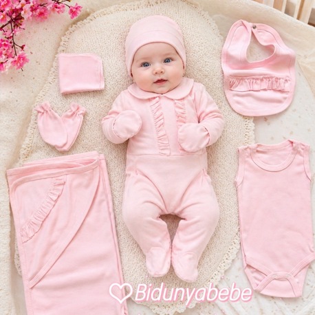 Pembe fistolu 7li yenidoğan hastane çıkışı bebek seti-%100 Pamuklı