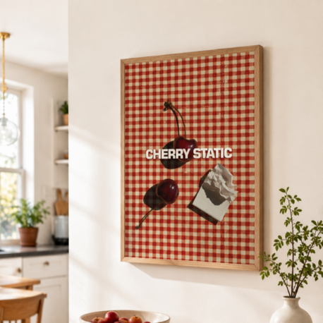 CHERRY STATIC – Retro Kiraz ve Dama Desenli Poster