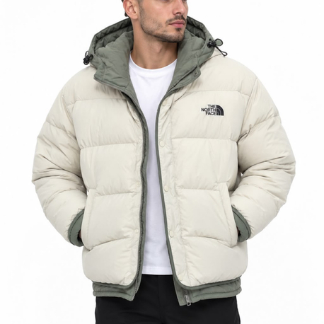 The North Face Erkek Kapşonlu, İki Renkli Şişme Mont – Kırık Beyaz ve Haki Yeşil