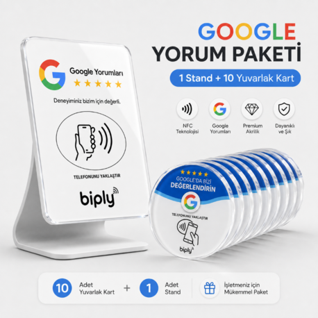 BAŞLANGIÇ İŞLETME PAKETİ: Stand + 10 Mini Biply Google yorum toplayıcı paketi
