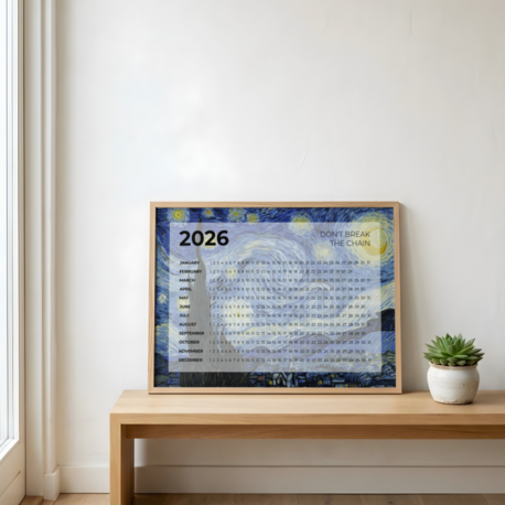 A2 Printable “Don’t Break the Chain” 2026 Annual Calendar – Starry Night