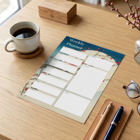A4 Red Plum Branch Weekly Planner – Printable PDF & PNG