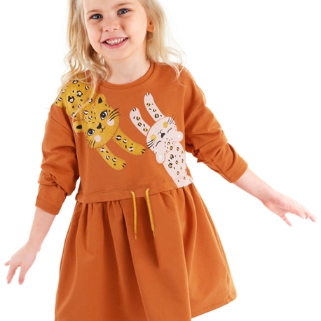 Denokids Turuncu Leoparlı Beli Lastikli Uzun Kollu Kız Çocuk Elbise

