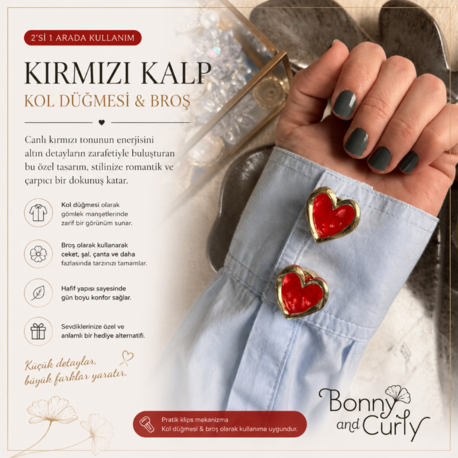 ❤️ Kırmızı Kalp Kol Düğmesi & Broş ❤️