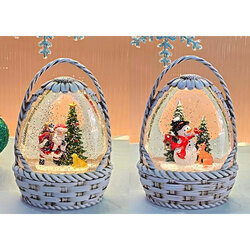 Sepet Tasarımlı Noel Baba Ve Kardan Adamlı Işıklı Müzikli Kar Küresi