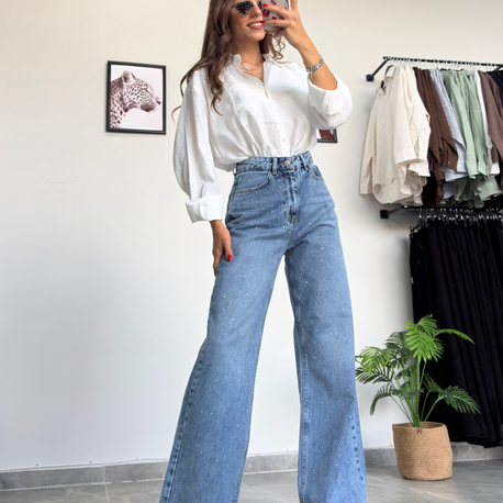 Taşlı Wide Leg Kot Pantolon 