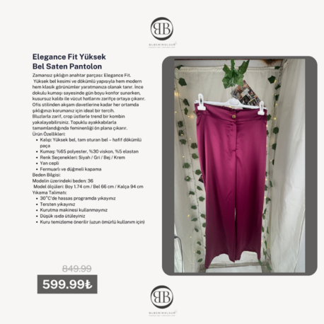 Elegance Fit Yüksek Bel Saten Pantolon