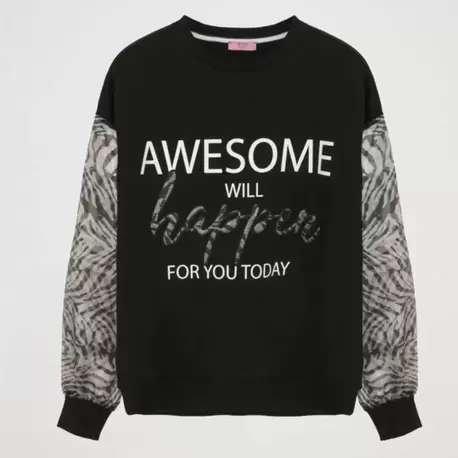 Kolu Tül Zebra Desenli Önü Yazı Baskılı Sweatshirt Siyah