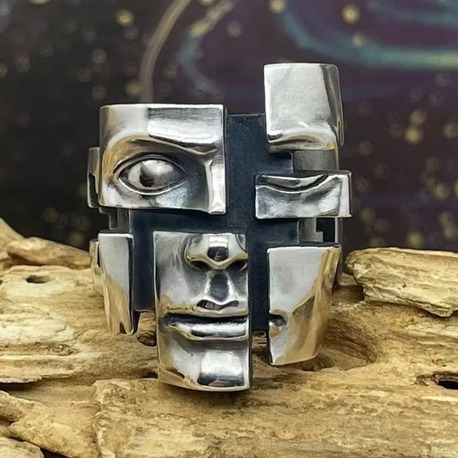 Retro Soyut Bölünen Kudretli Yüz | Vintage Unisex Maske Yüzüğü | E- Dergi Hediyeli