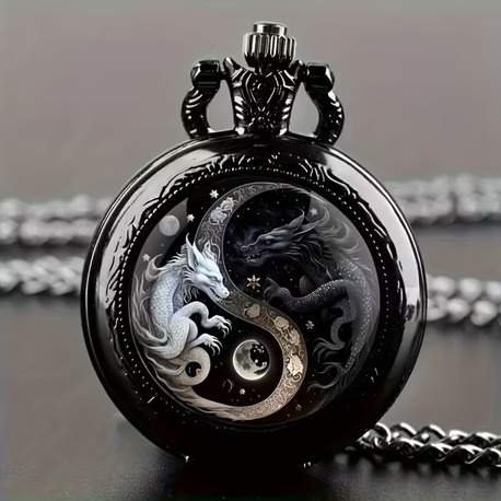 Yin Yang Baskılı Retro Cep Saati | Vintage Minimal Saat / Kolye | E Dergi Hediyeli