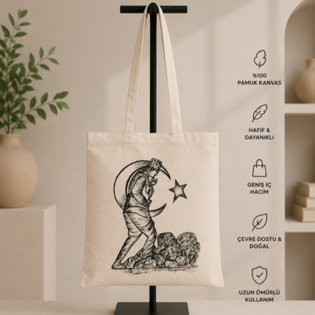 Atatürk Silüetli Kurtuluş Savaşı Desenli Kanvas Bez Çanta