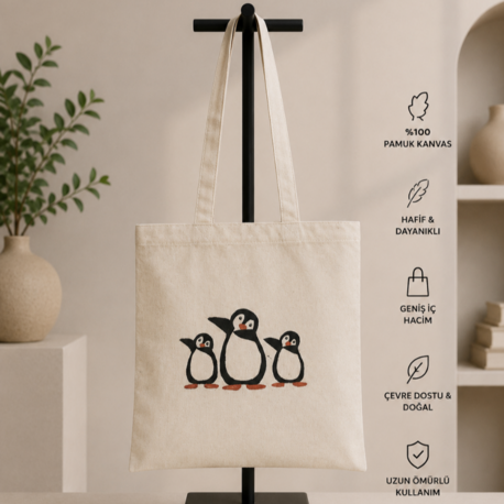 Penguen Desenli Kanvas Bez Çanta