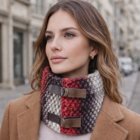 El Örgüsü Unisex Batik Boyunluk – Kahverengi & Kırmızı – Deri Detaylı