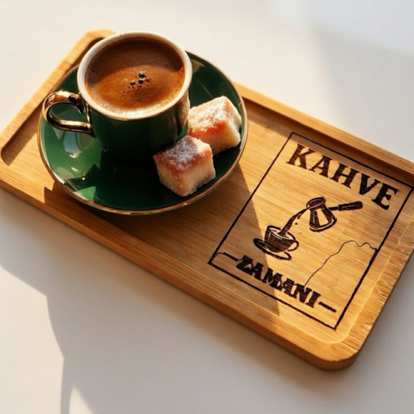 Kişiye Özel Çay Kahve Sunum Tepsisi Ahşap Kahve Tepsisi İsim Logo Yazılı