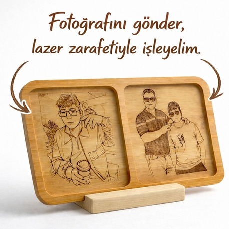 Kişiye Özel Çift Fotoğraflı Ahşap Foto Standı – Bambu Lazer Kazıma Özel Tasarım Hediye