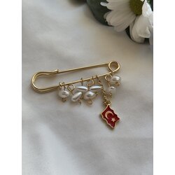 İncili Türk Bayrağı gold broş