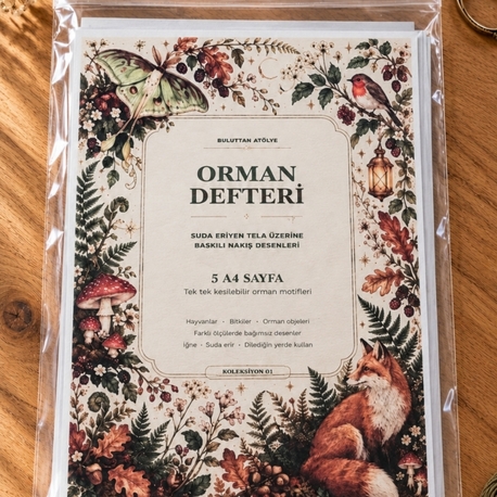 Orman Defteri – Suda Eriyen Tela Üzerine Baskılı Nakış Şablonu Seti (5 A4 Sayfa)
