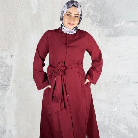 Bordo Kuşaklı Elbise