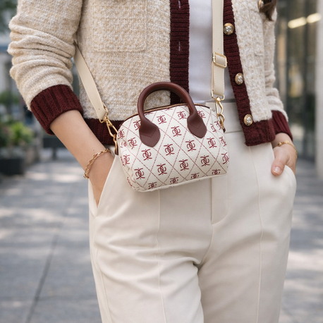 Mini Monogram Desenli El & Çapraz Askılı Kadın Çanta – Krem/Bordo