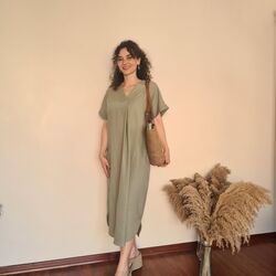 HAM KETEN ELBİSE-YEŞİL