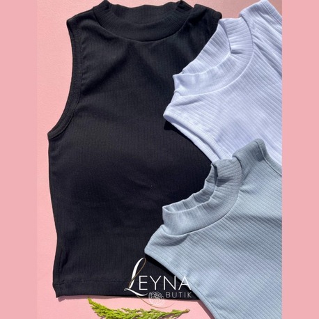 Kadın Fitilli Ribana Kumaş Sabit Pedli Balıkçı Yaka 3'lü Siyah, Beyaz, Mavi Crop Atlet
