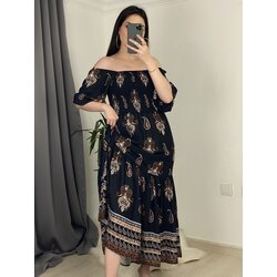 siyah şal desen maxi boy elbise