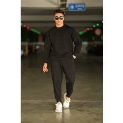 Erkek/Kadın Bisiklet Yaka Sweatshirt Siyah Eşofman Takımı