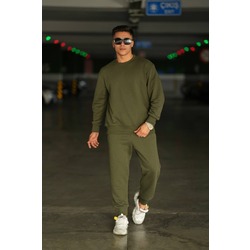 Erkek/Kadın Bisiklet Yaka Sweatshirt Haki Eşofman Takımı