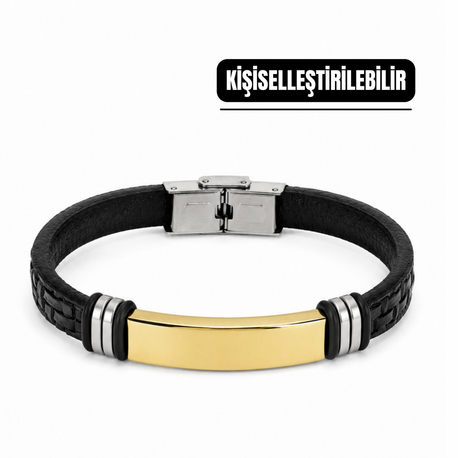 Yazı Yazılabilen Gold & Siyah Deri Bileklik