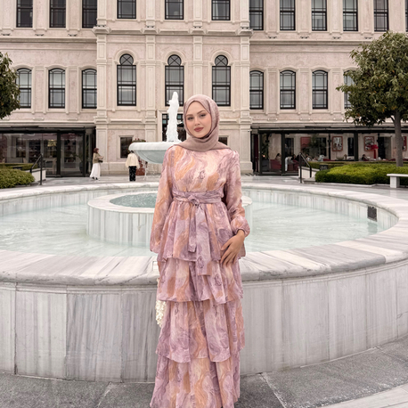 kat kat şifon elbise pembe