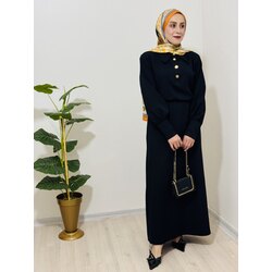 GOLD DÜĞME DETAYLI SİYAH ELBİSE 