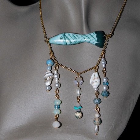 Handmade green clay fish necklace with little irregular beads