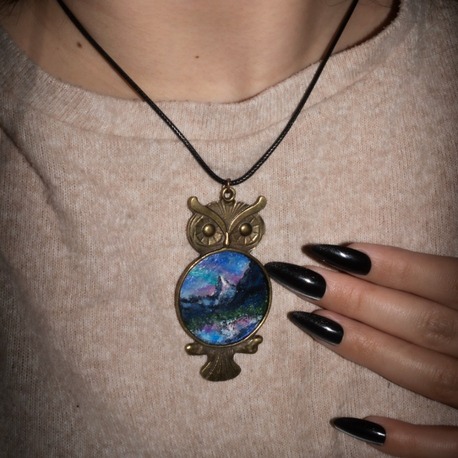 Hand-painted aurora borealis & mountain lake amulet in the shape of an owl