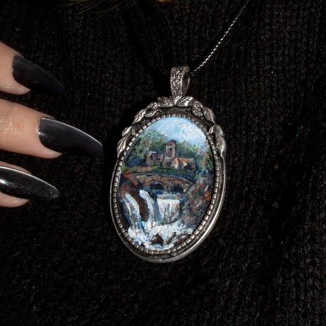 Hand-painted miniature landscape amulet of a bridge & small waterfall