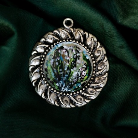 Hand-painted miniature lily of the valleys circular resin amulet 