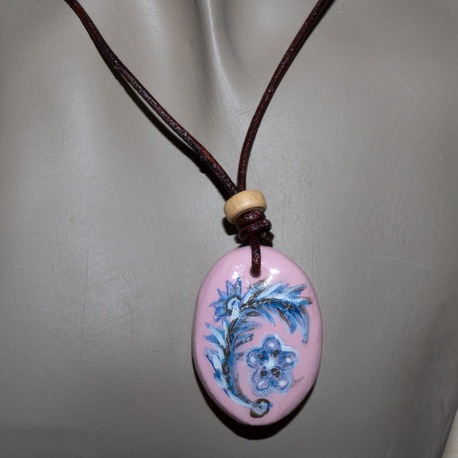 Handmade clay ornament amulet with genuine leather cord and wooden bead