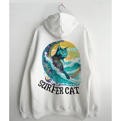 Unisex Beyaz "surfer cat" Baskılı Sweatshirt