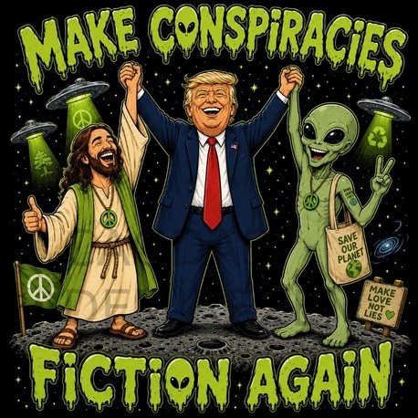 “Make Conspiracies Fiction Again” – T- shirt, poster, mug design – 2500 x 2500 pixel 300 DPI
