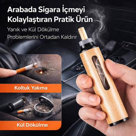 Araç İçi Külsüz Sigara İçme Aparatı-Ahşap Tasarım Taşınabilir Kül Hazneli Sigara Tutucu